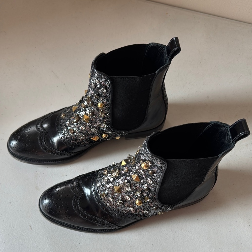 Dolce & Gabbana Black and Gold Ankle Boots with Embellishments